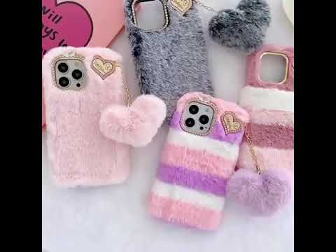 Fluffy Colorful Case with Heart Keychain Back Cover for Apple iPhone 15 Pro Max