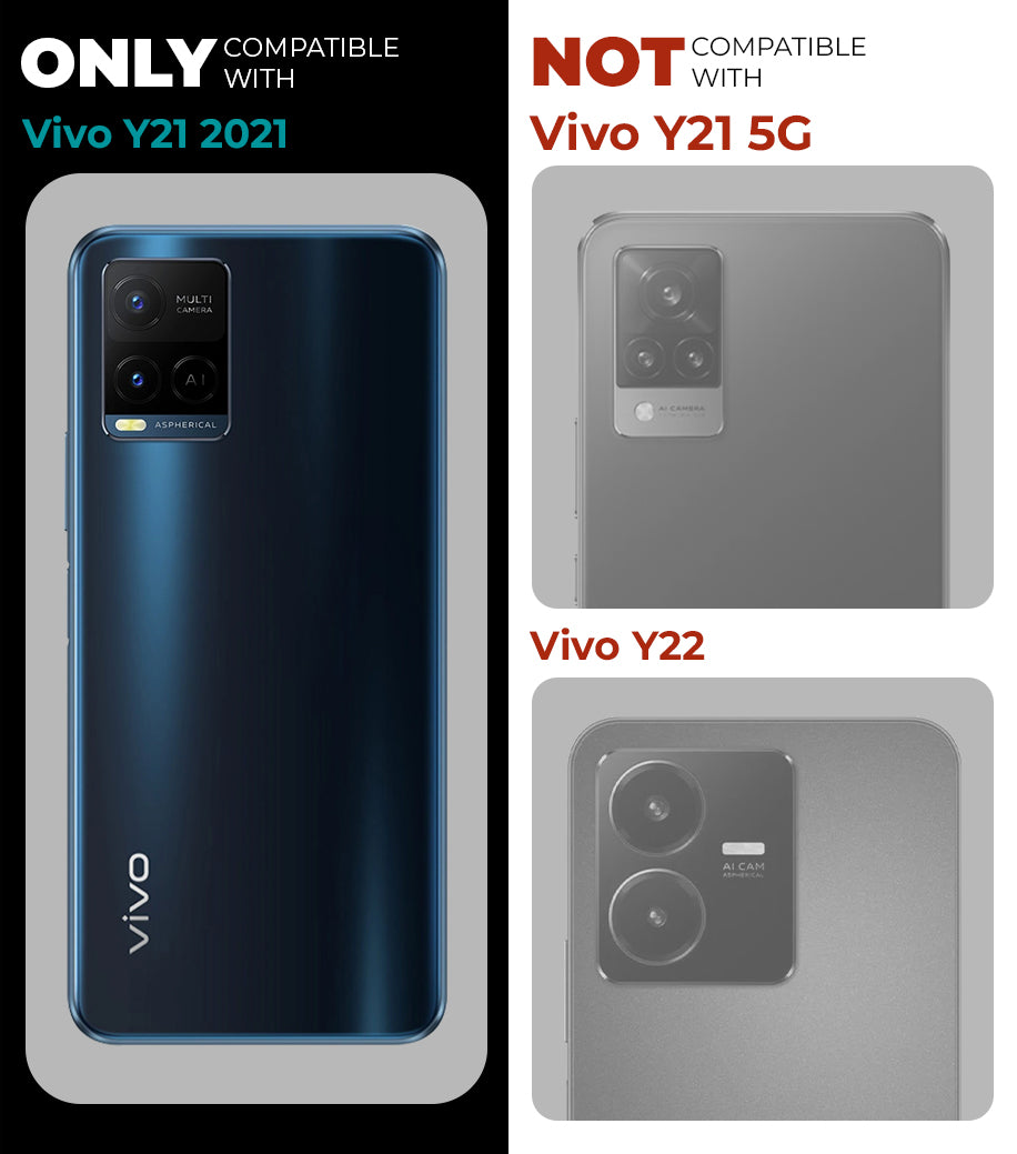 Clear hard back case compatibility guide showing fit for Vivo Y21 2021 and not compatible with other models
