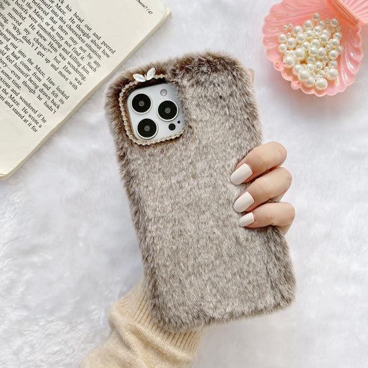 Fluffy Brown with Diamond Detailing Back Cover for Apple iPhone 15 Pro Max