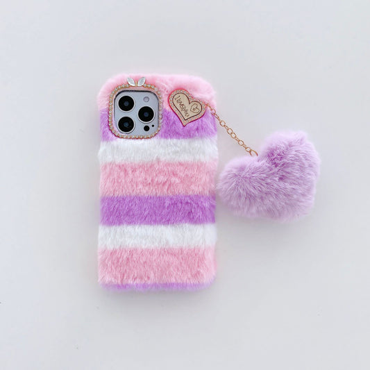 Fluffy Colorful Case with Heart Keychain Back Cover for Apple iPhone 15 Pro