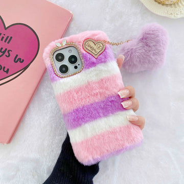 Fluffy Colorful Case with Heart Keychain Back Cover for Apple iPhone 15 Pro Max