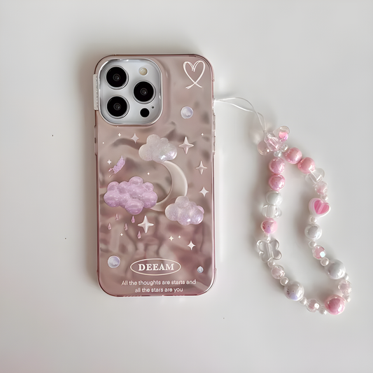 Luxury 3D Glittery Cloud Back Cover with Perl Keychain for Apple iPhone 15 Pro