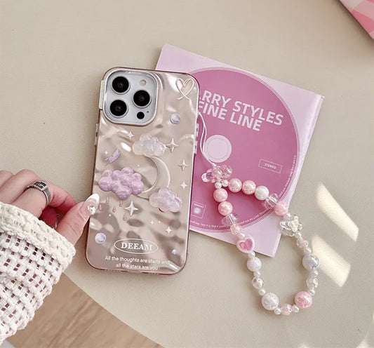 Luxury 3D Glittery Cloud Back Cover with Perl Keychain for Apple iPhone 15 Pro