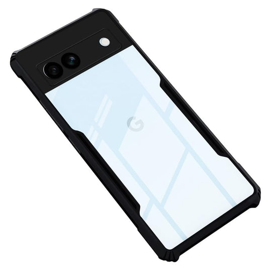 Back Cover Case for Google Pixel 7A | HybridShield Transparent Glass Back | Camera Protection - Black Bumper & Transparent Back