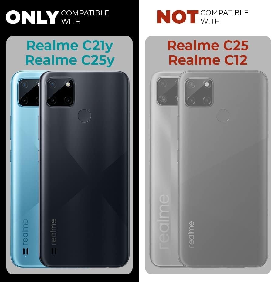Clear hard back case compatibility guide showing fit for Realme C21Y and not compatible with other models
