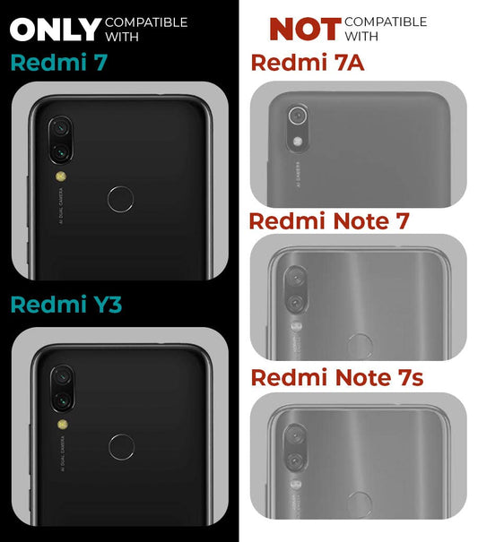 Clear hard back case compatibility guide showing fit for Redmi 7 and not compatible with other models
