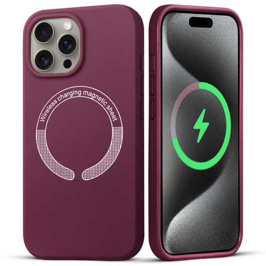 Silicon Back Cover Case for iPhone 15 Pro Max with MagSafe Supports Magnetic Charging | Screen and Camera Protection -Plum Red