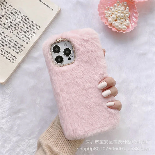 Fluffy Pink with Diamond Detailing Back Cover for Apple iPhone 15 Pro Max