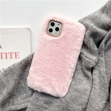 Fluffy Pink with Diamond Detailing Back Cover for Apple iPhone 15 Pro Max